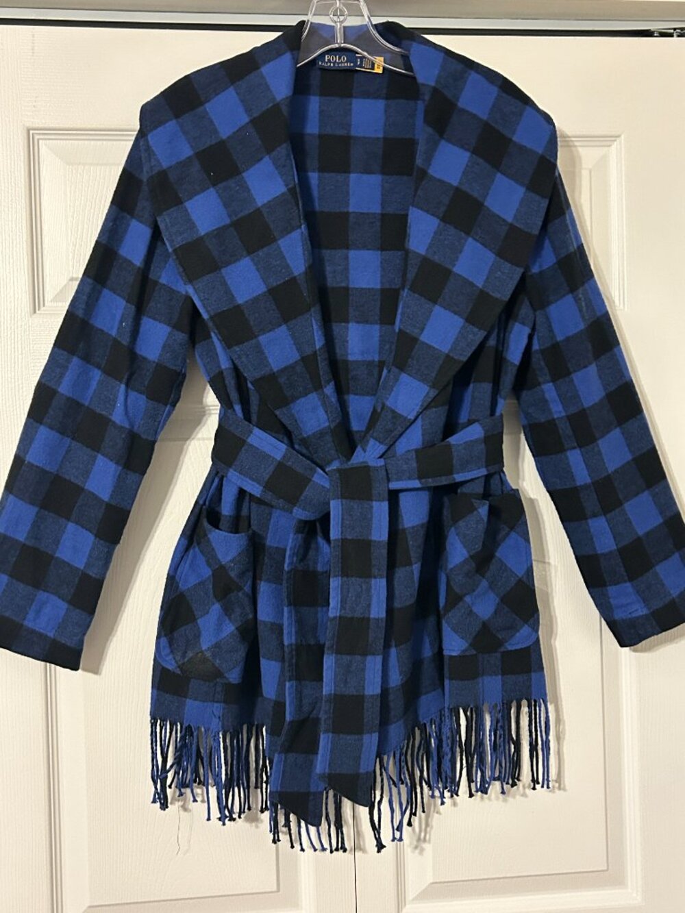 Womens POLO RALPH LAUREN Sz S Black & Blue Buffalo Plaid Jacket Coat w/ Fringe